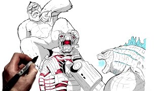 How To Draw Mechagodzilla vs Kong amp Godzilla  Step By Step  Godzilla vs Kong [upl. by Balough]