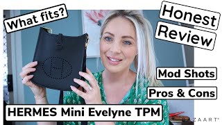 HERMES MINI EVELYNE TPM 16 BLACK REVIEW 🖤 WHAT FITS INSIDE MOD SHOTS PROS amp CONS  billiexluxury [upl. by Audrit]