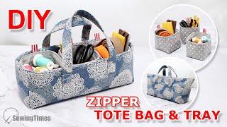 DIY ZIPPER TOTE BAG amp TRAY  Organizer Pouch Bag Tutorial sewingtimes [upl. by Akinej]