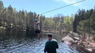 Zipline over the Lake 🌅 With speed 🚀 Tiveden Sweden 🇸🇪 Sverige 🤩 Nature 🌲 Adventure Äventyr Sport [upl. by Llenol]