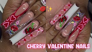 CHERRY VALENTINE NAIL FREESTYLE 💋✨🍒  HOW TO BLING FRENCH 💎 FULL ACRYLIC NAIL TUTORIAL 🤍 [upl. by Herbert]