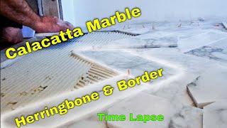 Diagonal Herringbone marble tile Bathroom floor with border Time Lapse [upl. by Other]