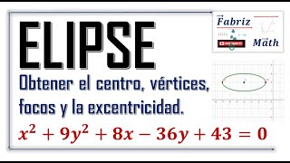 Elipse Ejercicio Cálculo del centro vértices focos y excentricidad [upl. by Ankeny]