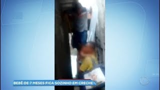 Bebê de 7 meses fica sozinho em creche fechada [upl. by Trilly]