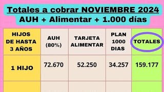 MONTOS TARJETA ALIMENTAR AUH Y PLAN MIL DÍAS ANSES NOVIEMBRE 2024 [upl. by Gottuard]