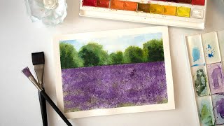 Watercolor landscape lavender field easy painting for beginners [upl. by Gladdy254]