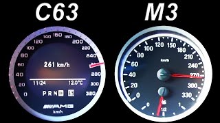 Mercedes C63 AMG vs BMW M3 E92 Acceleration 0260 kmh Onboard V8 Sound Kickdown Autobahn [upl. by Alaehcim]