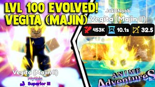 LVL 100 EVOLVED VEGETA MAJIN SHOWCASE IN ANIME ADVENTURES [upl. by Yecak179]