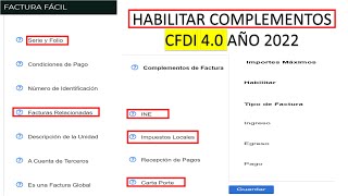 HABILITAR COMPLEMENTOS EN FACTURA 40  FACTURAS RELACIONADAS CFDI 40 [upl. by Vinn]