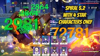 NEW Spiral Abyss 52 Floor 12 Full Star with 4 Star Characters Only Build and Gameplay Included [upl. by Nolad]