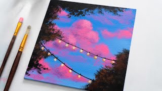 How To Paint Clouds amp String Lights Scenery  Acrylic Painting  Easy Painting Step by Step [upl. by Bowes]