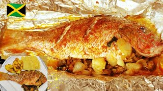 JAMAICAN STUFFED BAKED  ROASTED SNAPPER FISH  With OKRA  Bammy amp Plantains [upl. by Nutsud]