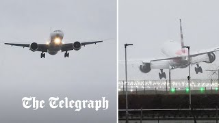 Storm Gerrit Big Jet TV captures Boeing 777 pulling off insane landing at Heathrow [upl. by Nirb]