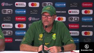 RWC2023 Springbok coach Jacques Nienaber on Cobus Reinachs hattrick [upl. by Grimbal]