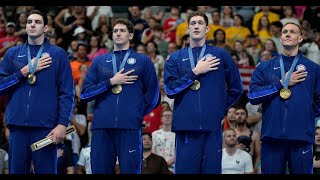 Team USA wins first GOLD of Paris Olympics in mens 4X100 freestyle swimming relay 7272024 [upl. by Cerveny570]