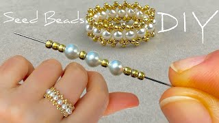 Easy Beaded Ring Beads Jewelry Making  Seed Bead Rings with Pearls [upl. by Horton]