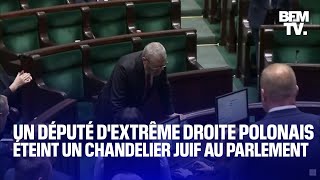 Pologne un député dextrême droite éteint un chandelier juif avec un extincteur [upl. by Langille725]