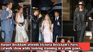 Harper Beckham attends Victoria Beckhams Paris catwalk show while looking stunning in a pink gown [upl. by Kapeed]