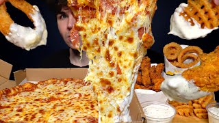 ASMR MUKBANG EXTRA CHEESY PIZZA CRISPY CHICKEN amp FRIES  WITH RANCH  Magic Mikey [upl. by Lyrehs]