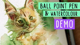 Ballpoint Pen amp Watercolor Demo  Professional art using office suppliesDRAW WITH ME ✍️🐱 [upl. by Elinore486]