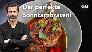 Der perfekte Sonntagsbraten Lammkeule von Andreas Caminada  GaultMillau Schweiz [upl. by Amalee]