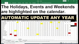 Highlight events weekends and holidays on calendar in Excel [upl. by Leizar376]