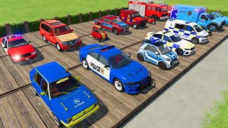 TRANSPORTING POLICE CARS AMBULANCE CARS FIRE TRUCK OF COLORS WITH TRUCKS  FARMING SIMULATOR 22 [upl. by Prinz393]