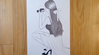 How to Draw a Sitting girl with camera 📸  pencil Sketch For Beginners  Girl Drawing [upl. by Audra]