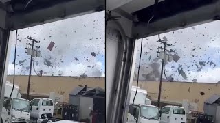 Video shows roof fly off building as possible tornado rips through Montebello [upl. by Astred]