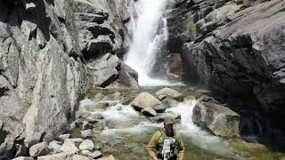 Horsetail Falls with Pyramid Peak backdrop Drone video near Twin Bridges CA on Highway 50 [upl. by Aretse]