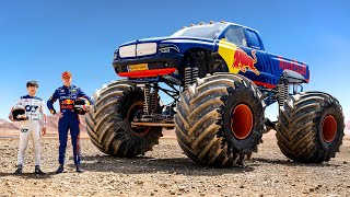 F1 Drivers Race HUGE Mega Trucks Max Verstappen vs Yuki Tsunoda [upl. by Eisiam]