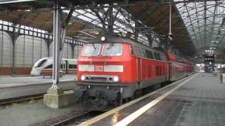 Two DB Class 218 locos top and tail a Hamburg train out of Lubeck in Germany [upl. by Yorztif]