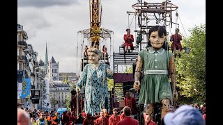 Giant puppets walk on Geneva streets La Saga des Géants Grand Mère Petite Gèante a Switzerland [upl. by Ecissej]