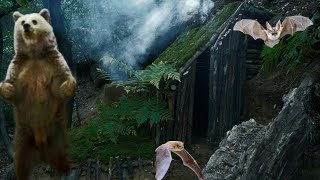 Survival Shelter With a Fireplace  Earth Cabin Moss  Covered Roof Mud and Stone Fireplace [upl. by Alvord885]