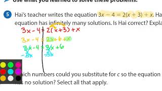 Ready Math Grade 8 Lesson 113 Writing an Equation with No One or Infinitely Many Solutions [upl. by Ymirej402]