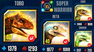 TORO VS BETA VS ECHO VS CHARLIE WHO IS THE DOMINANT WARRIOR  JURASSIC WORLD THE GAME [upl. by Ennaimaj994]