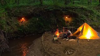 3 DAYS solo survival CAMPING Primitive Fishing Catch and Cook Bushcraft Tarp Shelter [upl. by Ahsinod907]