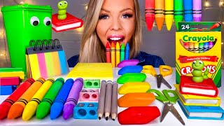 ASMR EDIBLE SCHOOL SUPPLIES CRAYONS SCISSORS ERASERS PENCILS EDIBLE BOOK CANDY MUKBANG PRANK 먹방 [upl. by Nakah905]