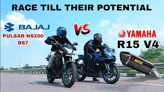 YAMAHA R15 V4 BS6 VS BAJAJ PULSAR NS 200 BS7 E20  RACE TILL THEIR POTENTIAL [upl. by Mokas]