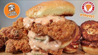 MUKBANG EATING POPEYES FRIED CHICKEN SANDWICH CRISPY FRIED CHICKEN LITTLE CAESARS CRAZY PUFFS ASMR [upl. by Tacklind771]