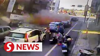 MOMENT Building collapses on busy street as powerful quake hits Taiwan [upl. by Nigem]