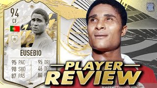 94 PRIME ICON MOMENTS EUSEBIO PLAYER REVIEW  SBC PLAYER EUSEBIO  FIFA 22 ULTIMATE TEAM [upl. by Ridan]