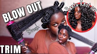 BLOWOUT ON NATURAL HAIR Curly to Straight using a round brush TRIM Unexpected BANTU KNOT OUT [upl. by Sirrap271]