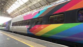 Class 390 Avanti West Coast Pendolino Pride Livery arriving and departing Preston [upl. by Annaes]