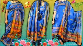 saree to dress ❤️ cutting and stitching in Teluguoutfit from scratchkurthi cutting and stitching [upl. by Adnic]