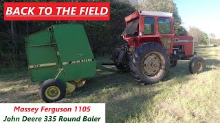 Round Baling 4x4 Hay Bales  West Field Top Section  JD 335 Baler amp MF 1105 [upl. by Ahsita555]