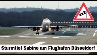 Sturm Sabine am Flughafen Düsseldorf  Flugzeug Start und Landung im Sturm [upl. by Luane]