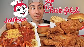 MUKBANG EATING JOLLIBEE SPICY FRIED CHICKEN CHICK FIL A SPICY FRIED CHICKEN CHEESEBURGER ASMR [upl. by Sybyl]