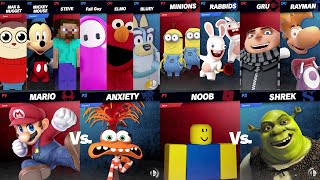 Mario vs Anxiety  Steve vs Mickey  Noob vs Shrek  Minions vs Rayman in Super Smash Bros Ultimate [upl. by Hinkel]