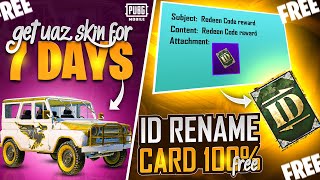 Get Free Rename Card  Welcome Back Event Get UAZ For 7 Days PUBGM [upl. by Yeldud]